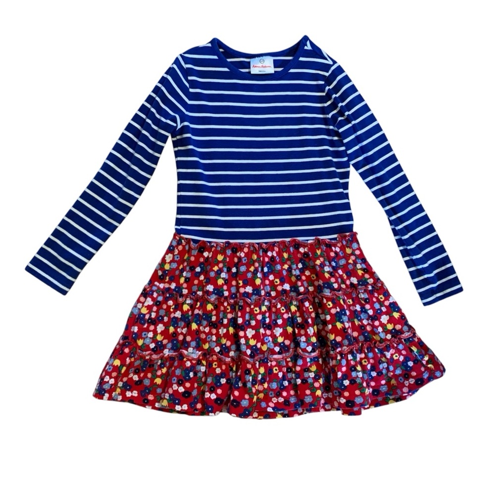 Hanna Andersson Blue Striped and Floral Long Sleeve Dress size 120 6-7